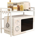 Expandable Microwave Stand Countertop, Heavy Duty Over Microwave Shelf Countertop, 2 Tier Carbon Steel Microwave Oven Rack Shelf for Kitchen with 4 Hooks,Holds 132lb,Height Adjustable,White