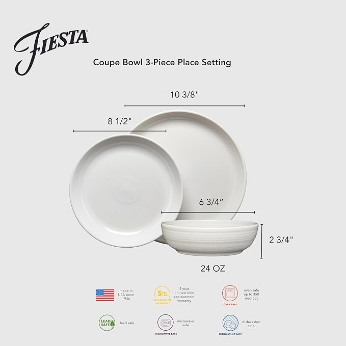 Fiesta® Bistro Coupe 3-Piece Dinnerware Set – Durable Ceramic, Lead-Safe, Dishwasher/Microwave/Oven Safe – Made in USA Dinnerware - Turquoise