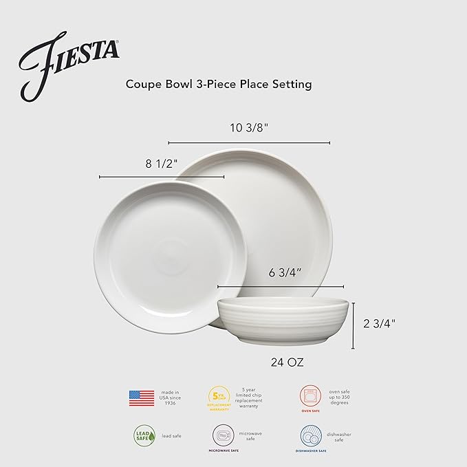 Fiesta® Bistro Coupe 3-Piece Dinnerware Set – Durable Ceramic, Lead-Safe, Dishwasher/Microwave/Oven Safe – Made in USA Dinnerware - White