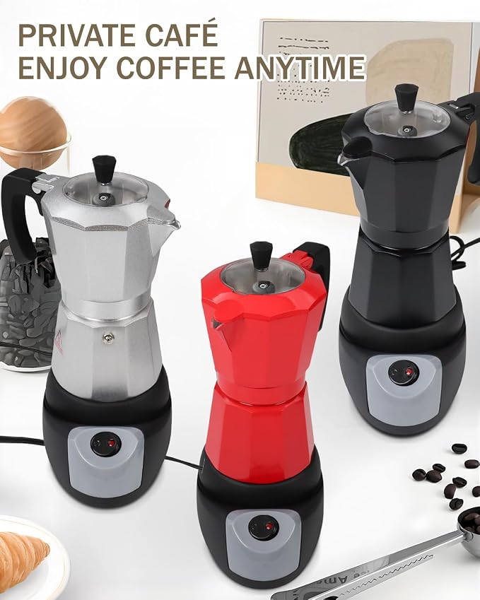 Electric Moka Pot with Detachable Base Aluminum Espresso Maker 10oz 6 Cup 300ml Red Italian Coffee Maker for Kitchen Home 110V