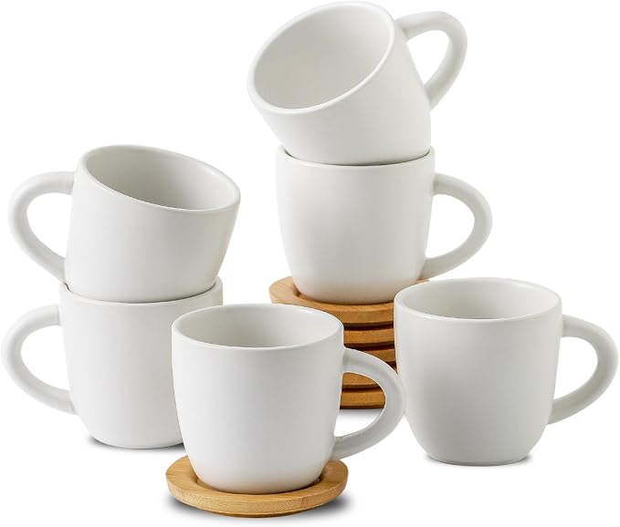 HASENSE 6 Ounce Ceramic Cappuccino Cups with Saucers for Espresso,Double Shot, Latte, Cafe Mocha, Stackable Coffee Cups Espresso Cups with Handle for Cafes, Home, Office, White