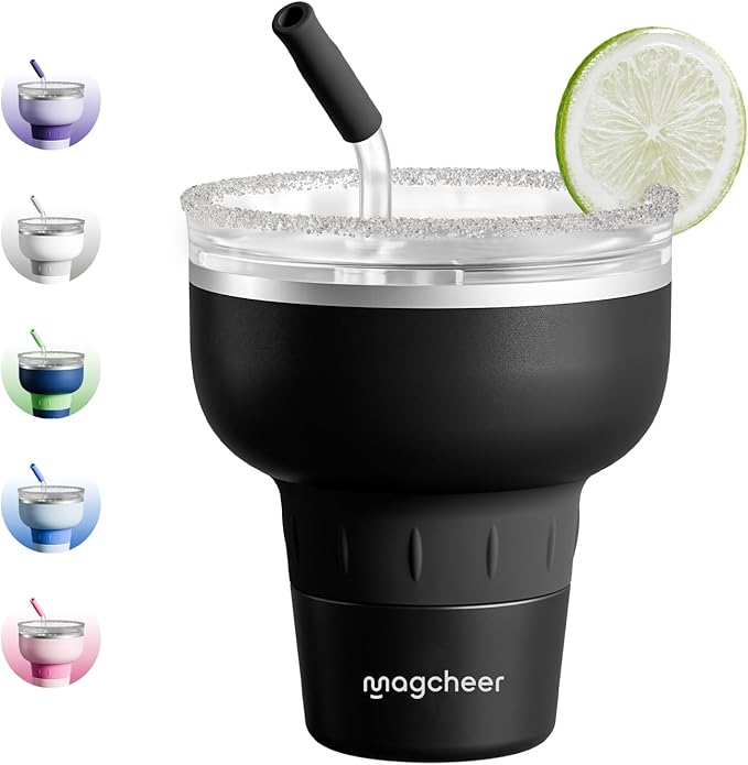 16 oz Cocktail Tumbler with Lid and Straw - Stainless Steel Insulated Margarita Tumbler - 320° Sippable Stemless Wine Cup for Party | Black