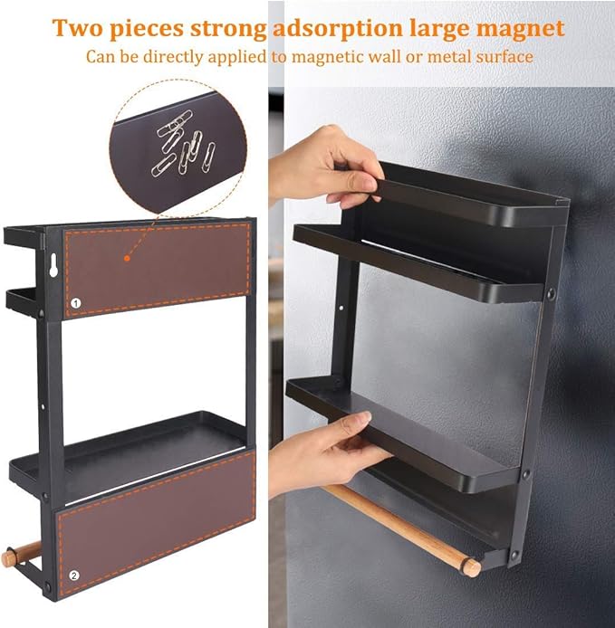 Refrigerator Shelf Organizer Magnetic Paper Towel Holder Kitchen Fridge Spice Rack Storage Spice Jars Holder(Black)