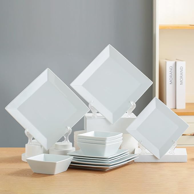 DOMINI 12-Piece Ceramic Kitchen Dinnerware Set, Service for 4, Porcelain Dishes Dinner Set, Square Dinnerware Sets with Dinner Plates, Dessert Plates and Pasta Bowls,Square-White