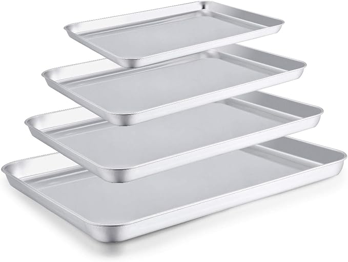 TeamFar Baking Sheet Set of 4, Stainless Steel Baking Pan Cookie Sheet | 16/ 12.5/ 10/ 9.3 Inch Toaster Oven Sheet Pan Tray for Baking Roasting, Non Toxic & Healthy, Mirror Finish & Dishwasher Safe