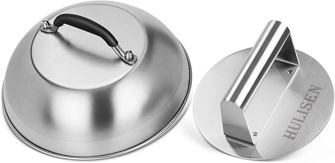 HULISEN Cheese Melting Dome & Smashed Burger Press, 6.2" Grill Press with 9" Basting Cover, Stainless Steel Burger Smasher, Griddle Accessories Kit for Flat Top Grill Cooking Indoor/Outdoor