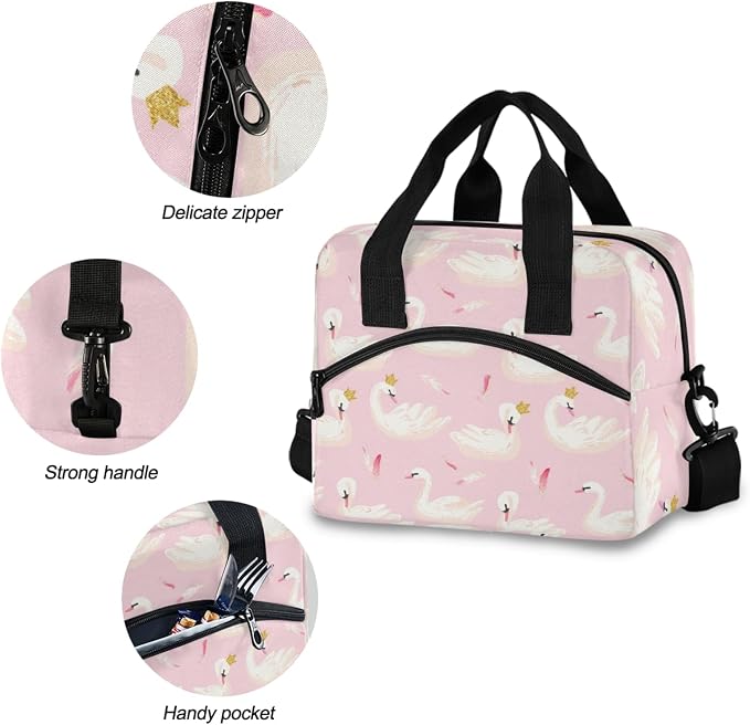 OREZI Lunch Bag for Girls Women,White Swans And Pink Feathers Lunch Box Container with Detachable Shoulder Strap,Insulated Lunch Coolers for School Office
