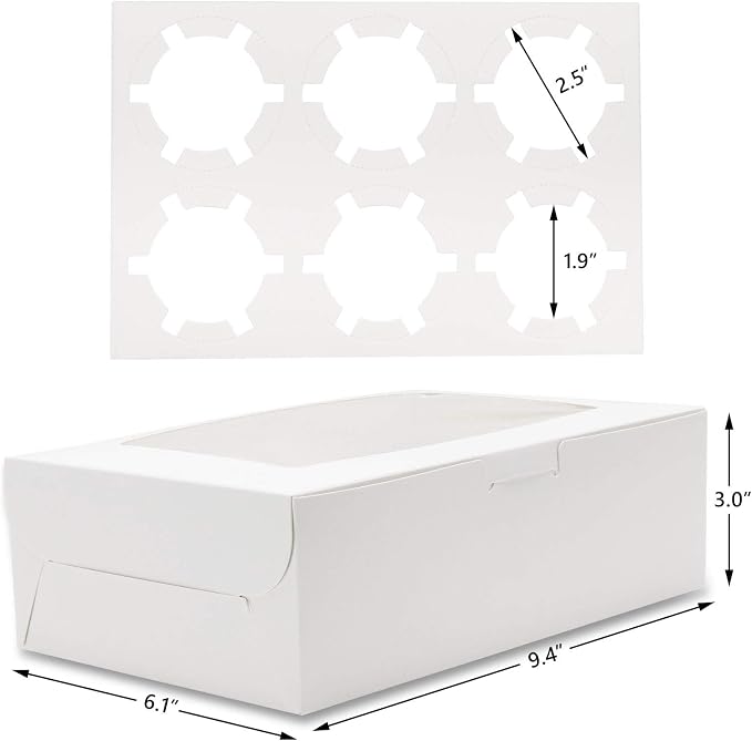 EUSOAR Cupcake Boxes 6 Count, 50pcs 9.4"x 6.2"x 3.0" Kraft Muffin Cupcake Box Carrier with Insert and Display Window, Take Out togo Cupcake Muffin Containers Favor Boxes Individual