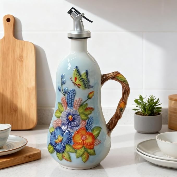 18.26oz/540ml Decorative Olive Oil Dispenser Bottle for Kitchen,Hand Painted Relief Ceramic Olive Oil Bottle,Ceramic Oil Container (B-Butterfly Love Flower)