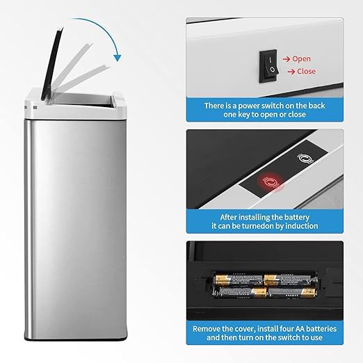 PayLessHere Stainless Steel Trash Can 13 Gallon 50 Liter Kitchen Bathroom Bedroom Home Office Automatic Touch Free High-Capacity with Lid Brushed Waste Bin