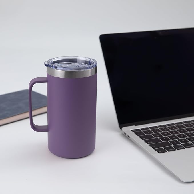 DOMICARE 24oz Mug with Handle and Lid, Stainless Steel Coffee Mug, Travel Mug with Handle, Double Wall Vacuum Coffee Tumbler, Reusable Insulated Cup, Dark Purple, Pack 4