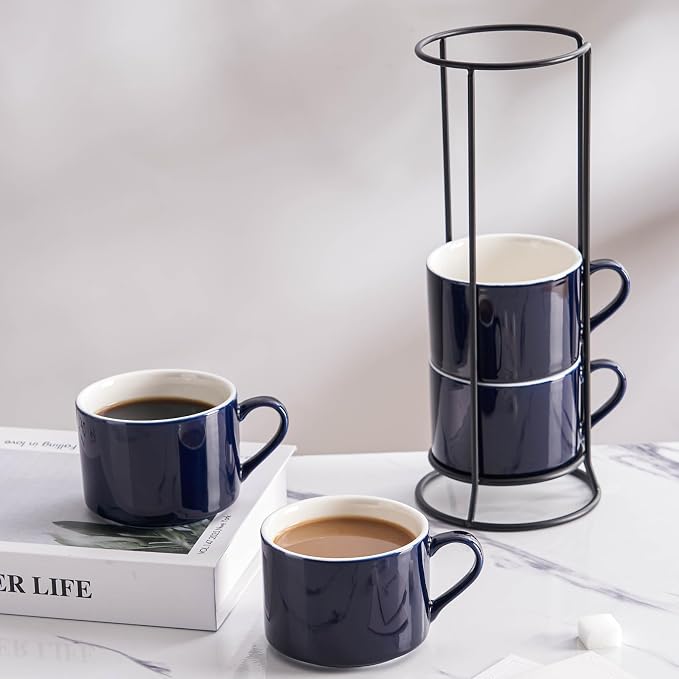 10oz Porcelain Stackable Coffee Mugs and Metal Stand Set of 4, Espresso Cups Set for Hot Drinks, Cappuccino, Tea-Blue