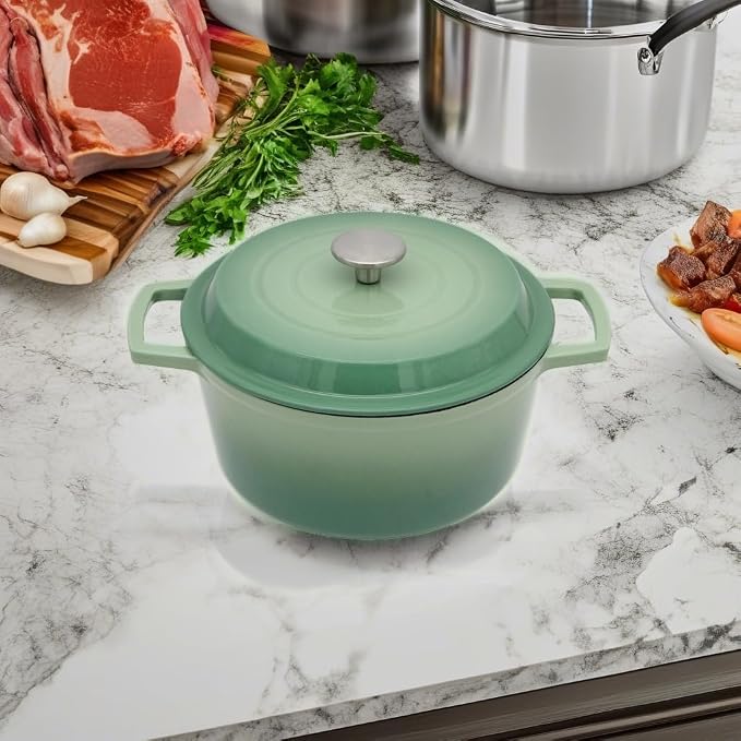 NNWsystems 4.2 Quart Cast Iron Dutch Oven with Lid - Enameled Non-Stick Interior, Oven Safe to 500°F, Multi-Stovetop Compatible - Pine Green