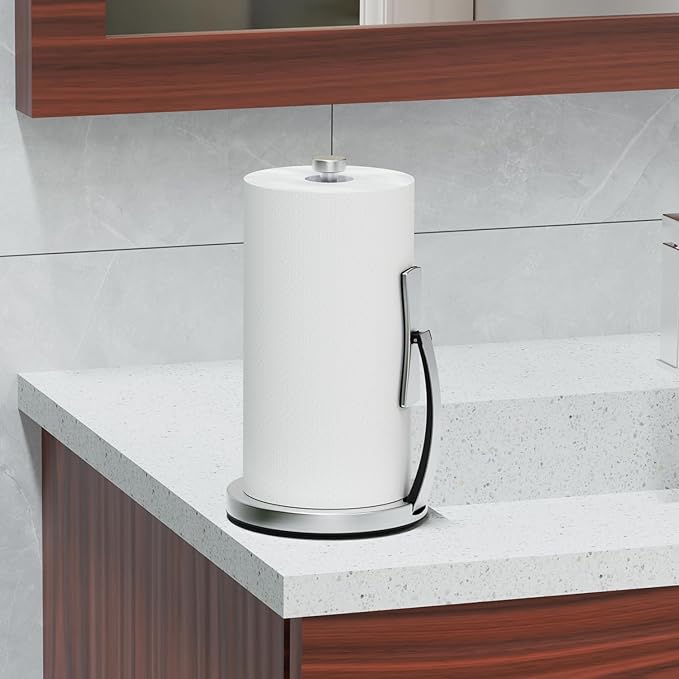 VEHHE Paper Towel Holder Countertop, One-Handed Tear, Stainless Steel, Stand Paper Towel Holder with Spring Activated Arm & Non Slip Weighted Base, for Kitchen Bathroom (Silver)