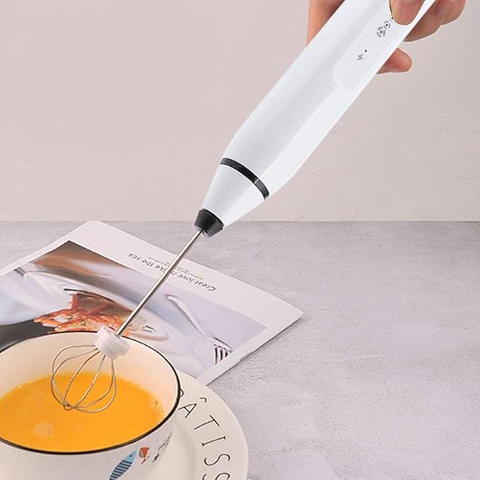 Rechargeable Electric Milk Frother, 3 - Speed Handheld Coffee Mixer with USB Charging, Includes Balloon Whisk for Latte Art, Egg Beating, and Sauce Mixing (White)
