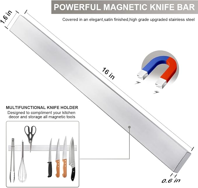 Ninonly 16 Inch Magnetic Knife Strip, Premium Stainless Steel Wall Mounted Kitchen Knives Bar,Space-Saving Powerful No Drilling Magnetic Knife Rack for Home Kitchen Utensil Holder & Tool Holder