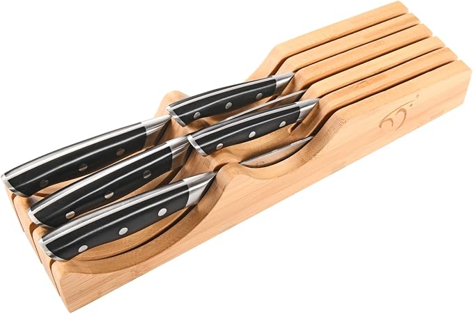 In-Drawer Knife Block with 5 Pieces Japanese Damascus Knives, Bamboo Knife Drawer Organizer with 67-Layer Damascus Steel, Perfect for Home and Chefs, Slots for 5 Knives Kitchen Drawer, Counter Top