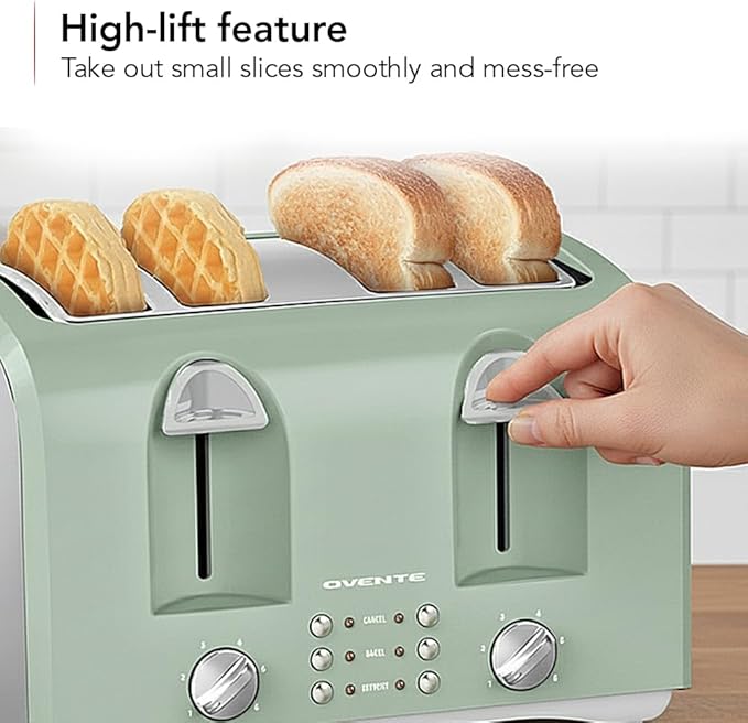 OVENTE Electric 4-Slice Toaster Machine with 6-Shade Selector Setting, Cancel Button, Defrost Function, Crumb Tray, 1400W Power and Wide Slots for Bagels, Waffles and Puff Pastry, Light Blue TS4410LBL