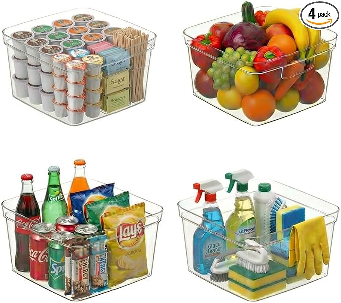 MOONEDGE 4-Pack Clear Cube Storage Bins,10x10 Plastic Organizer Boxes with Handles, Open-Top Square Containers for Closet,Pantry,Fridge,Kitchen,Bathroom,Laundry Room,UnderSink and Cabinet Organization