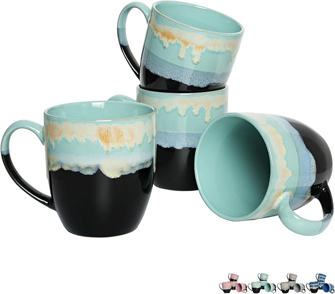 Bosmarlin Ceramic Coffee Mug Set of 4, 17 Oz, Coffee Cups with Big Handle, Microwave Safe, Unique Reactive Glaze(17 Oz, Pastel Blue)