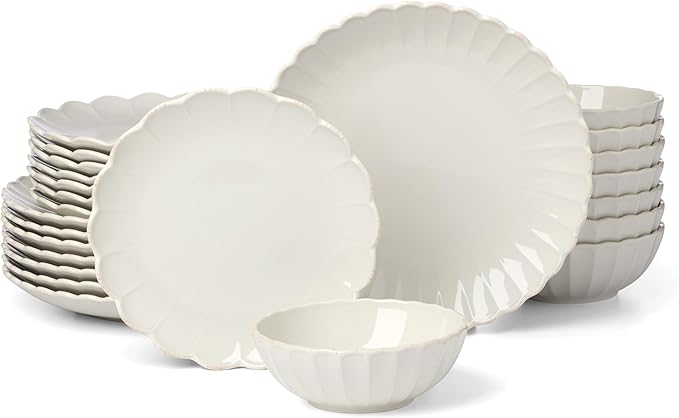 Lenox Dinnerware Sets, French Perle Scallop White 24-Piece Dinnerware Set, Service For 8, Stoneware Material, Dishwasher Safe, Microwave Safe, Bowls, Plates And Bowls, Dinner Dishes (White, 24 Piece)