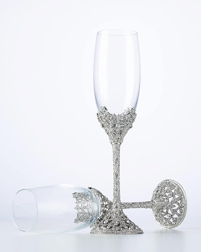 Champagne Flutes - Crystal Glass Metal Base With Crystal Stones, Set of 2 Toasting Flute Pair, Wedding Anniversary Party Birthday Banquets and Gifts for Bride and Groom(Silver)