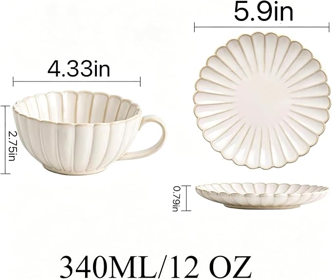 Vintage Porcelain Coffee Cup and Saucer Set, 12 OZ Ceramic Latte Mug - Farmhouse Cappuccino Cups for Espresso and Turkish Coffee, Artisan Tea Cups, Great Barista Gift for Home Cafe