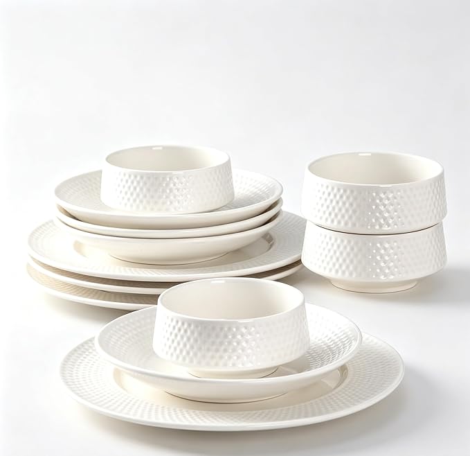 4-piece set, ceramic, embossed B design plate and bowl set, microwave and dishwasher tableware set, shatterproof and scratch resistant dinner set, irregular edge design, white