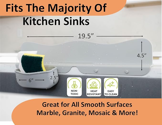 Silicone Sink Splash Guard with Sponge Holder -19.5" x 4.5" x 2.5",- Strong Suction - Sink Edge Protectors for Kitchen Sink - Kitchen Sink Splash Guard - Gray