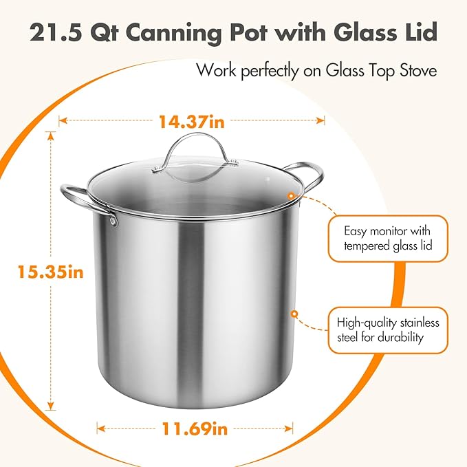 21.5Qt Water Bath Canner with Glass Lid and Jar Rack, Stainless Steel Canning Kit with Canning Tool Set