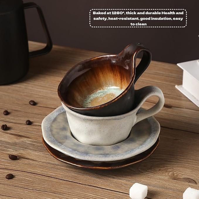Japanese Raku Porcelain Ceramic Coffee Mug Set 5.4 fl oz with Saucer & Spoon - Handmade Modern Tea Cups for Espresso, Latte, Cappuccino - 2 Color (White&Blue, Brown&Yellow) (White + blue)