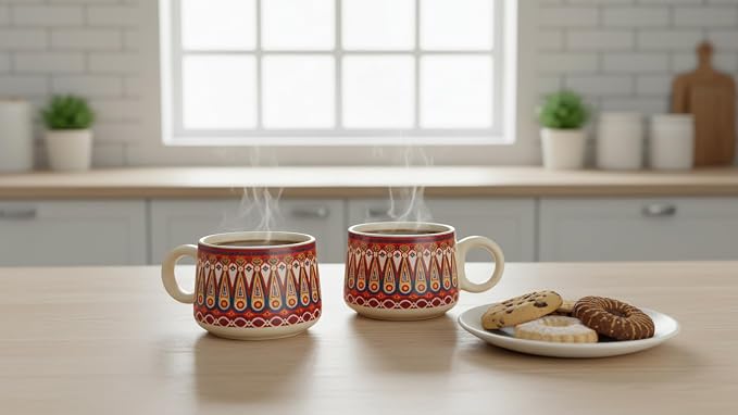 Handcrafted Set of 6 Ceramic Tea Cups 150 ML Elegant Porcelain Breakfast Coffee Mugs Boho Style For Cortado Cappuccino Espresso Kulhad Chai Microwave & Dishwasher Red Food Safe For Home Office Kitchen