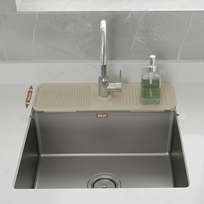 24 Inch Longer Faucet Mat for Kitchen Sink| 5° Slope Fast Self-Draining Sink Splash Guard | Multipurpose Faucet Mat Foldable Durable No Smell | Cut-to-Fit Opening Up to 2.6in | Biege