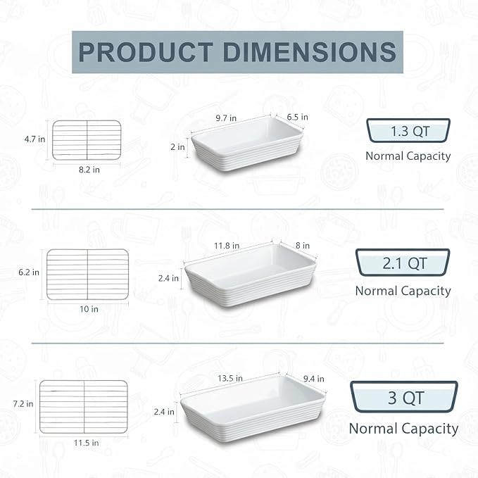 ONEMORE Baking Dishes for Oven, 9x13 Large Casserole Dishes for Oven with Roasting Racks, Rectangular Ceramic Baking Dish Set of 3 for Cooking & Serving, Deep Dish Lasagna Pan (3QT/2.1QT/1.3QT)