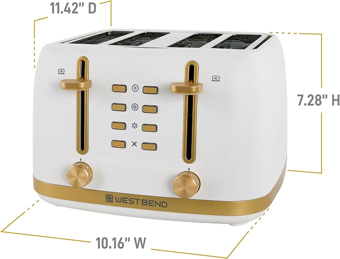 West Bend Timeless 4-Slice Toaster with 7 Browning Levels, Bagel/Waffle/Defrost Settings, High-Lift Lever, Anti-Jam, Easy-Clean Crumb Tray, 4-Slice, White/Gold