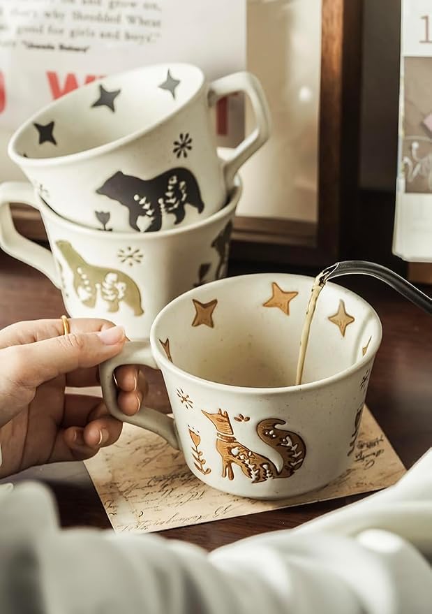 12OZ Stackable Coffee Mugs,Vintage Ceramic Coffee Mugs With Animal patterns for Man,Woman,Dad,Mom, Modern Coffee Mugs Set of 4 for Latte,Cappuccino,Cocoa. Dishwasher&Microwave Safe