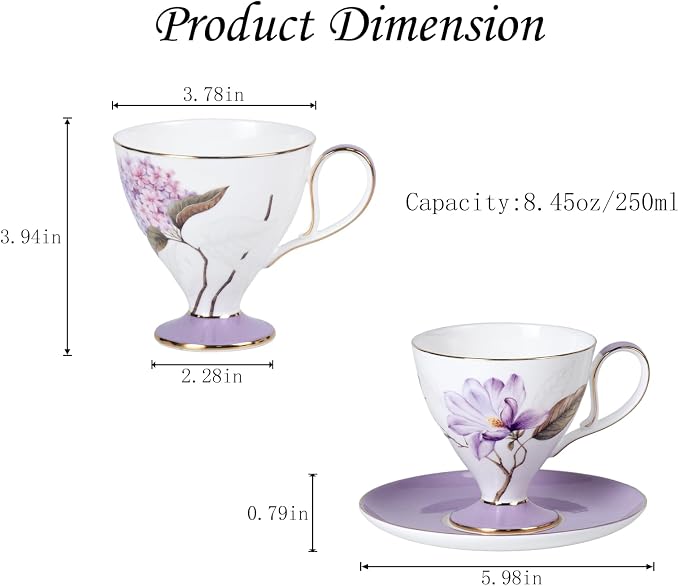 KAMMAK Ceramic Coffee Cups Saucers Set of 2, Porcelain Espresso Cup with Saucer, 8.45 oz Handcrafted Elegant Bone China Tea Cups, Purple Floral Pattern Demitasse Cup for Latte, Americano, Cappuccino