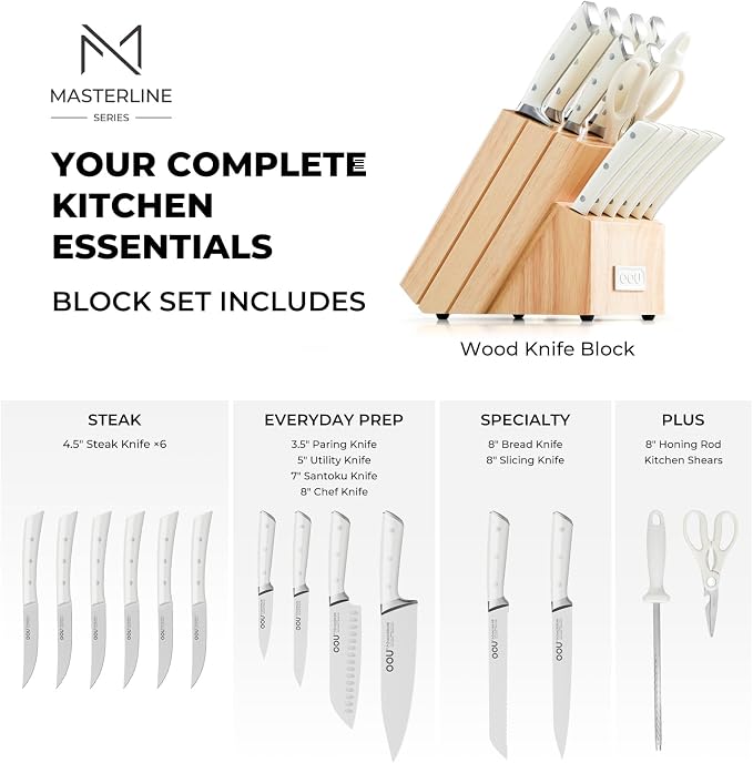Knife Set, 15 Pcs German High Carbon Stainless Steel Kitchen Knife Set, Knife Sets with Block and Sharpener,Enduring Razor-Sharp FSC Wooden Knives Block Set for Kitchen，Nature