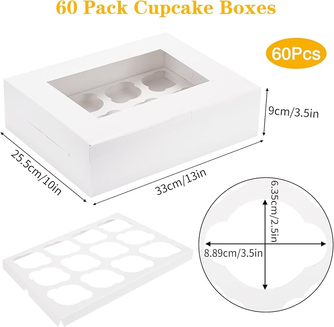 Moretoes 60PCS Cupcake Boxes with Window,Hold 12 Count Graduation Cupcake Containers for Grad Party Dessert Packaging (White)