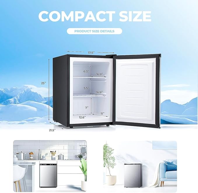 Electactic 2.1 Cu.ft Small Freezer, Mini Upright Freezer with 7 Adjustable Thermostat, Removable Shelves, Reversible Single Door, for Bedroom/Home/Dorms/Apartment (Silver)