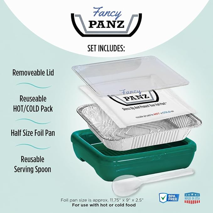 Fancy Panz Green Marble Premium Aluminum Foil Pan Carrier with Secure Latch Lid & Hot/Cold Gel Pack - Made in USA Reusable Casserole Carrier for Half Size Pans - Food Transport Holder for Entertaining
