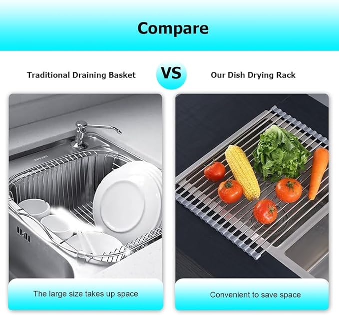 Roll Up Dish Drying, 37-47CM Stainless Steel Over The Sink Dish Drying Rack with Silicone Wrapped Anti-Slip Foldable Multipurpose Dish Drainers for Kitchen Sink(Black,43x24cm/16.9x9.4in)