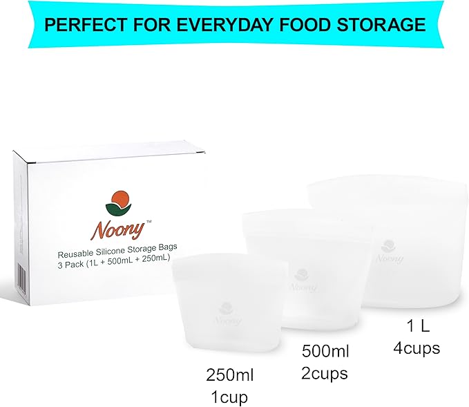Noony Reusable Silicone Food Storage Bags - Easy to Clean & Odorless - 100% Food-Grade Silicone - Leakproof Stand Up Zip Container for Meal Prep, Snacks, Freezer & Microwave Safe,Set of 3.