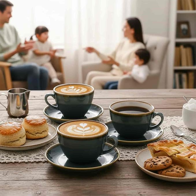 SHUER Ceramic Cappuccino Cup Set of 4, 7.8 OZ Cups and Saucers Set,Coffee Mocha Cup Sets,Black Coffee Cups and Glaze Americano Mugs Great for Party and Low Tea Time (Blue 220ml)