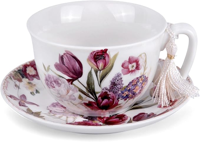 STP GOODS Bone China Tea/Coffee Cup and Saucer in Gift Box Fine Bone China Coffee Cup with Saucer Tea Cup and Saucer Set of One (Flowers 300ml)