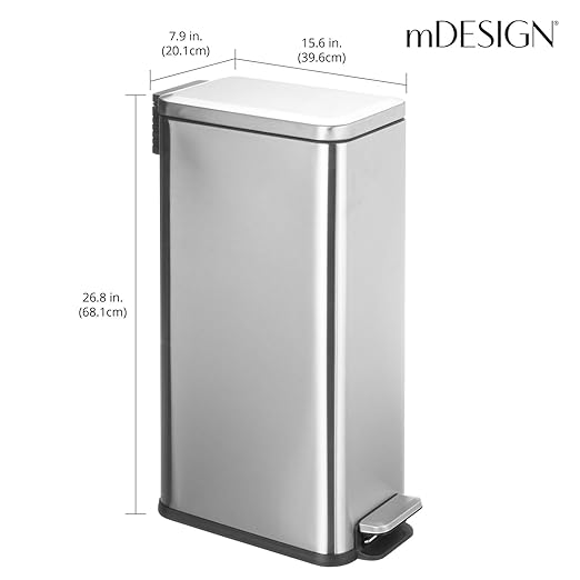 mDesign Slim Metal Rectangle 7.9 Gallon Trash Can with Step Pedal, Easy-Close Lid, Removable Liner - Narrow Wastebasket Garbage Container Bin for Bathroom, Bedroom, Kitchen, Office - Brushed Chrome