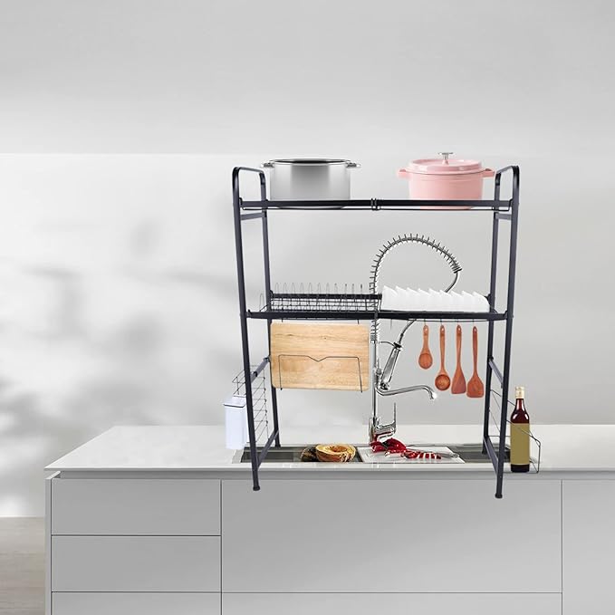 Stainless Steel Kitchen Storage Organizer Rack,Dish Drying Rack, 2 Tier Over The Sink Dish, Plate, Cup Drying Rack,Dish Drainer Storage Rack for Chicken Counter (Black)