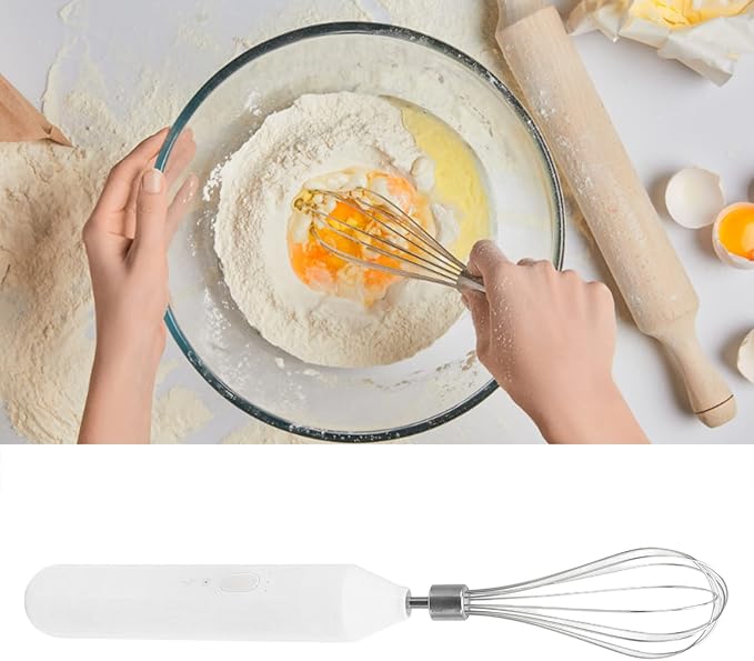 Electric Egg Beater Handheld USB Charging Milk Frother Portable Cordless Drink Mixer with Stainless Steel Whisk (White)