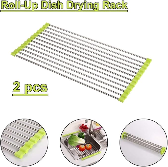 Roll Up Dish Drying Rack, Over The Sink Kitchen Rolling Sink Rack Multipurpose Dry Dish Drainer Rack，Stainless Steel Foldable Dish Drying Rack，for Sink Counter(Yellow,47 * 28cm)