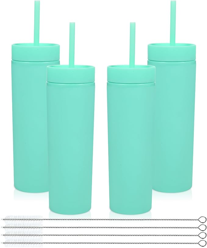 Volhoply 16oz Plastic Skinny Tumbler With Lid and Straw Bulk 4 Pack,Insulated Double Wall BPA Free Matte Acrylic Tumblers,Iced Coffee Travel Mug Reusable Party Cup,Customizable Diy Gifts(Green,4 Set)